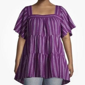 Terra and Sky Square Neck Fluttered Sleeve Purple Tiered Tunic Top 4X (28W-30W).